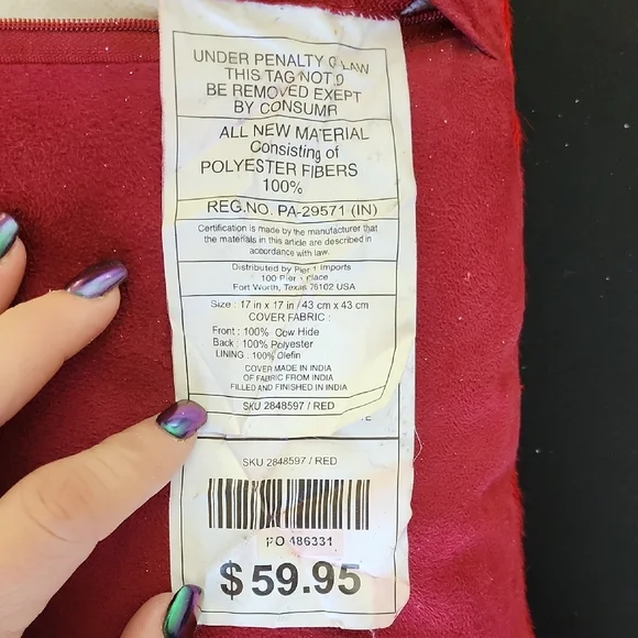 Pier 1 100% Cowhide Red Accent Pillow with Geometric Design - Picture 3 of 7